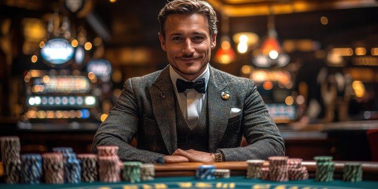 Meja Caribbean Stud Poker dengan dealer dan pemain di platform uncleempire